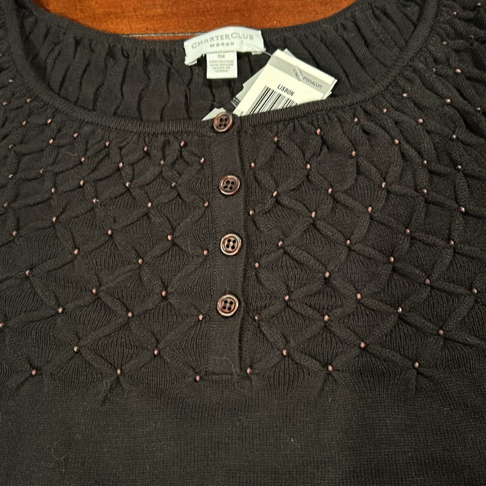 Charter Club Black Crew Neck Sweater with Quilted Design